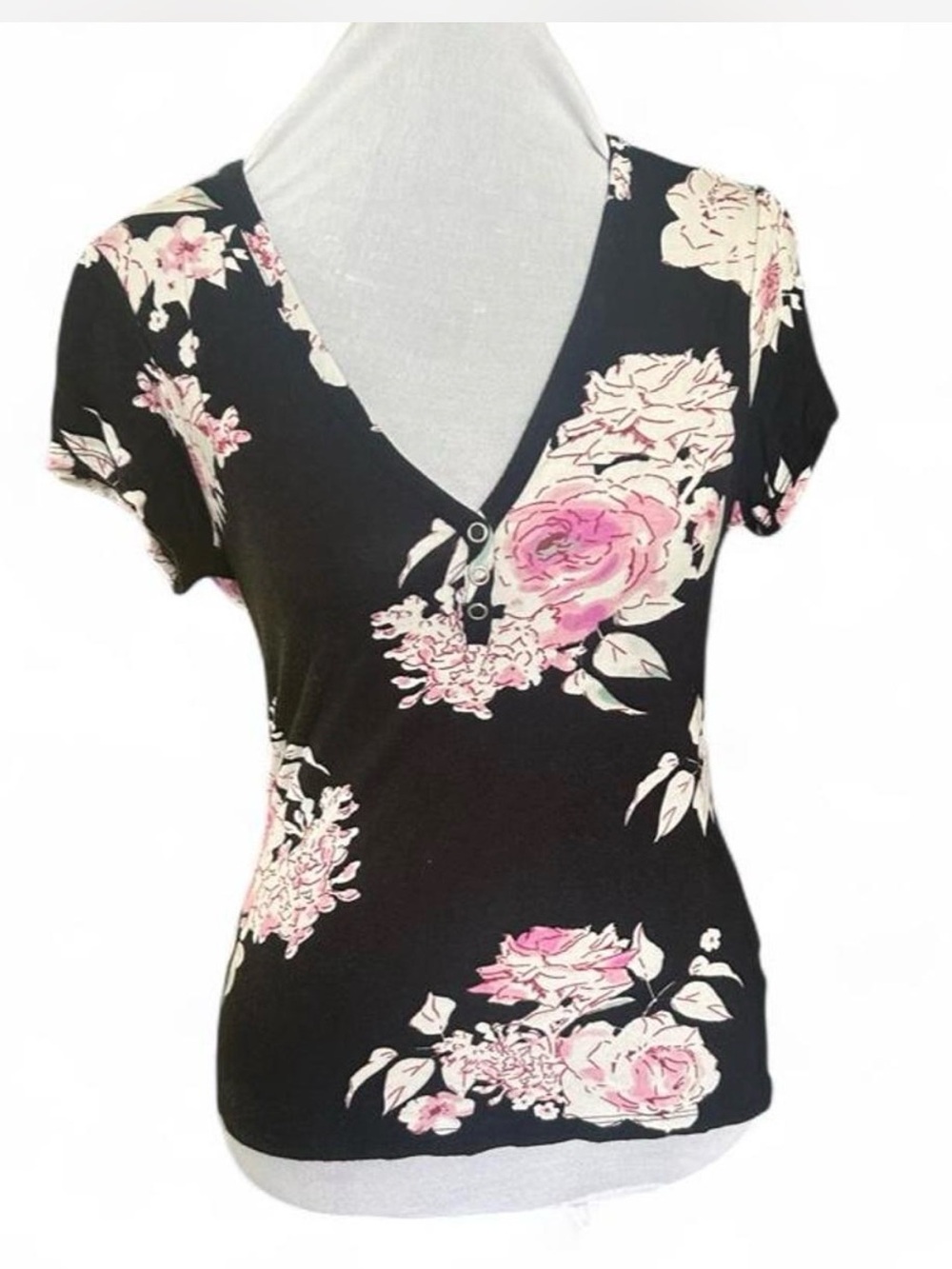 Women’s Black Purple White Floral V-Neck Cap Sleeve Stretch Top